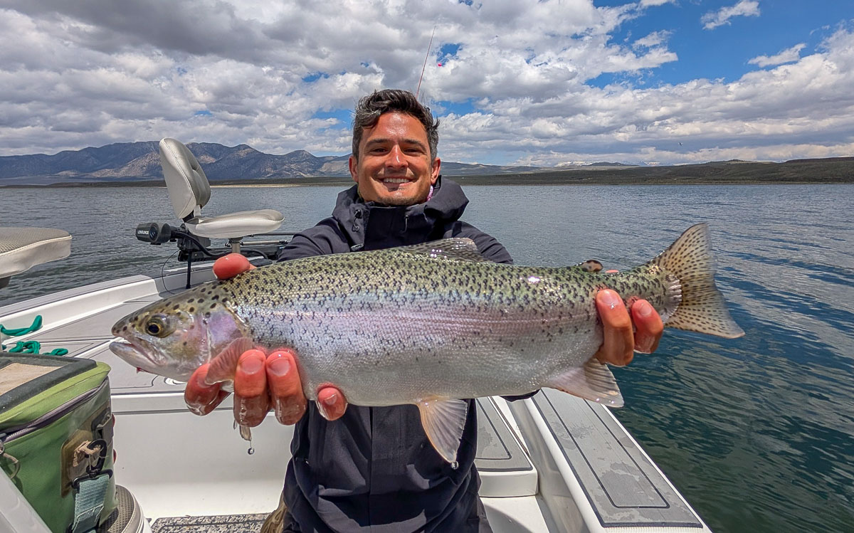 A fly fisherman holding a large rainbow trout on Crowley Lake near Mammoth Lakes, CA
