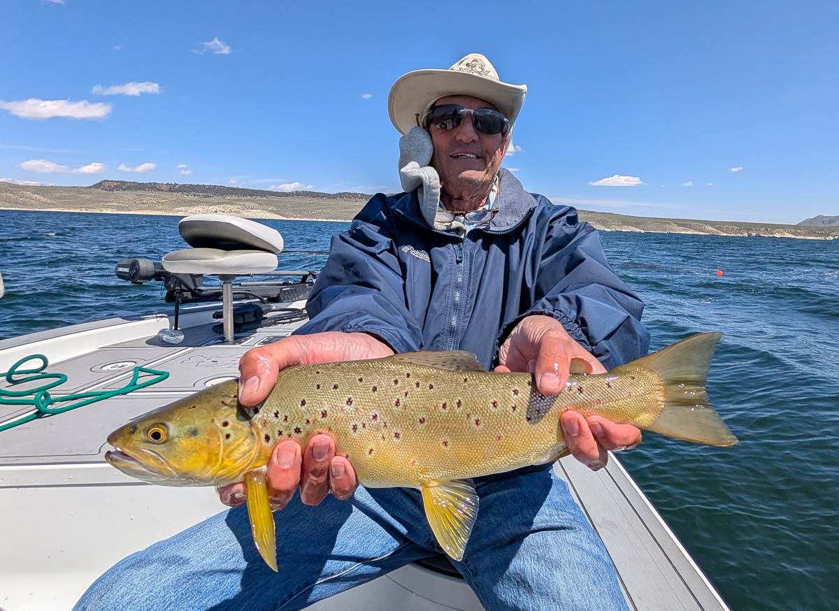 A fly fisherman holding a large brown trout on Crowley Lake near Mammoth Lakes, CA