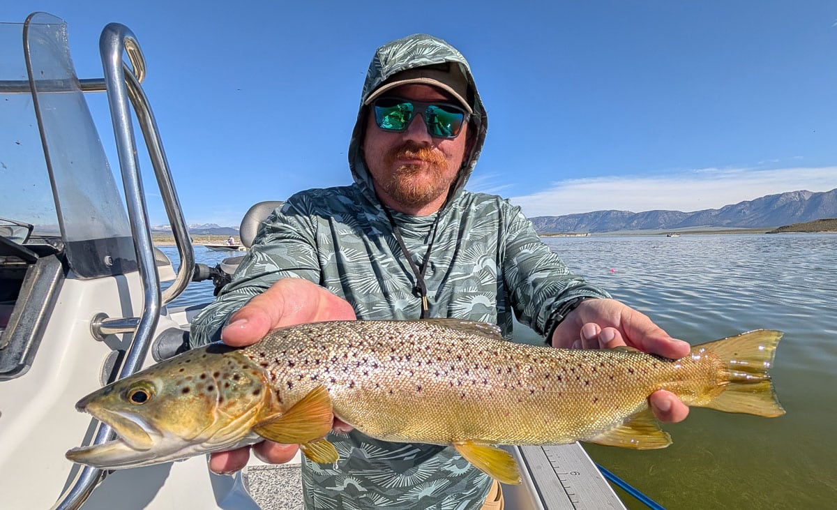 A fly fisherman holding a large brown trout on Crowley Lake near Mammoth Lakes, CA