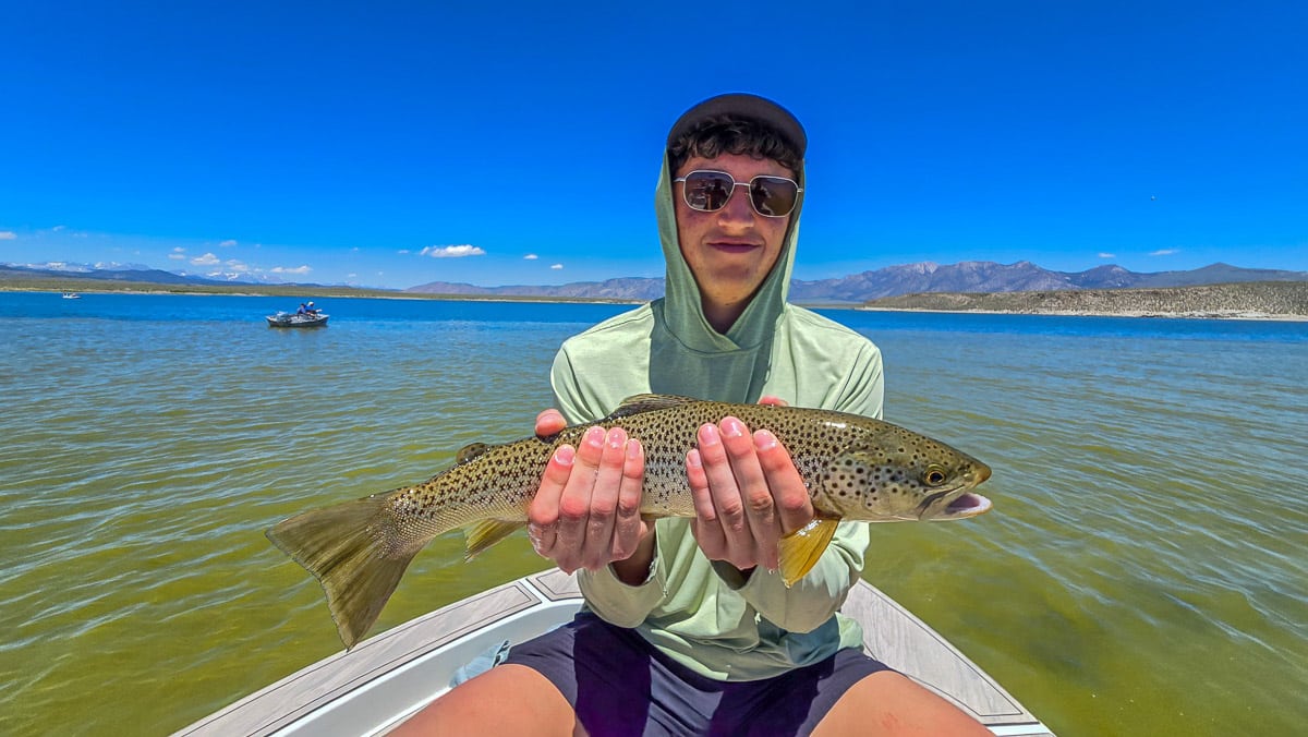A smiling fly fisherman holding a large brown trout on the Crowley Lake near Mammoth Lakes, CA.