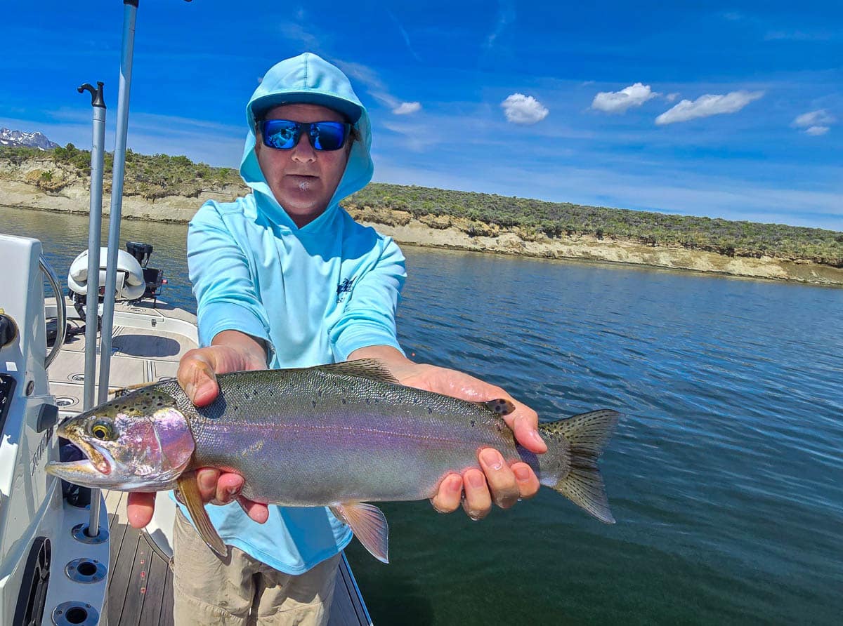 A fly fisherman holding a large rainbow trout on Crowley Lake near Mammoth Lakes, CA