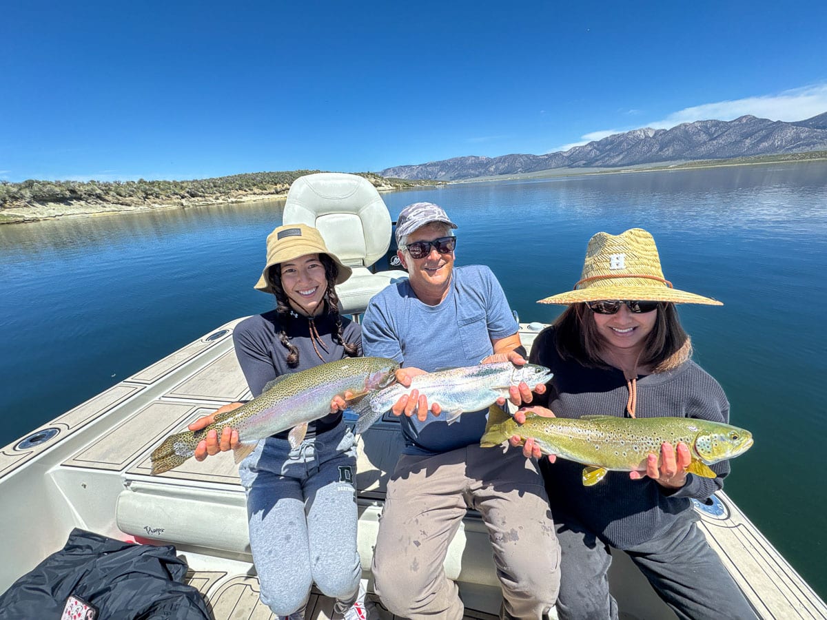A trio of fly fishermen holding 2 rainbow trout and one brown trout in a boat on Crowley Lake near Mammoth Lakes, CA