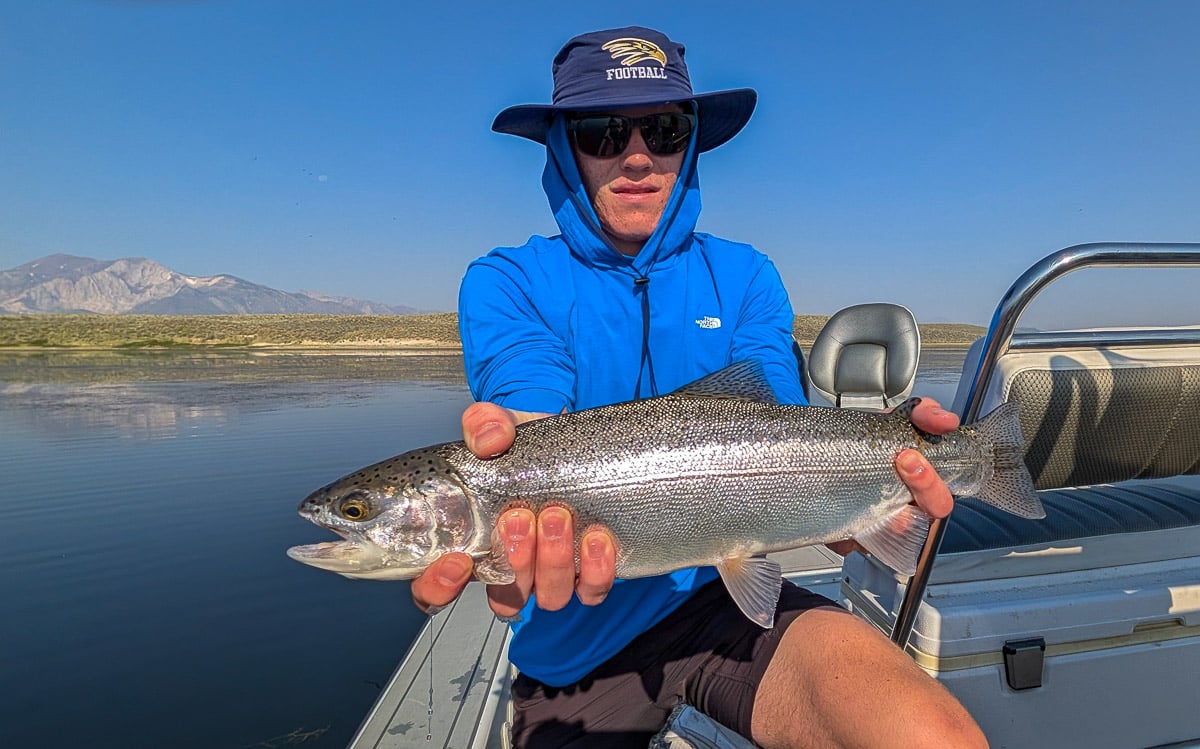 A fly fisherman holding a large brown trout on Crowley Lake near Mammoth Lakes, CA