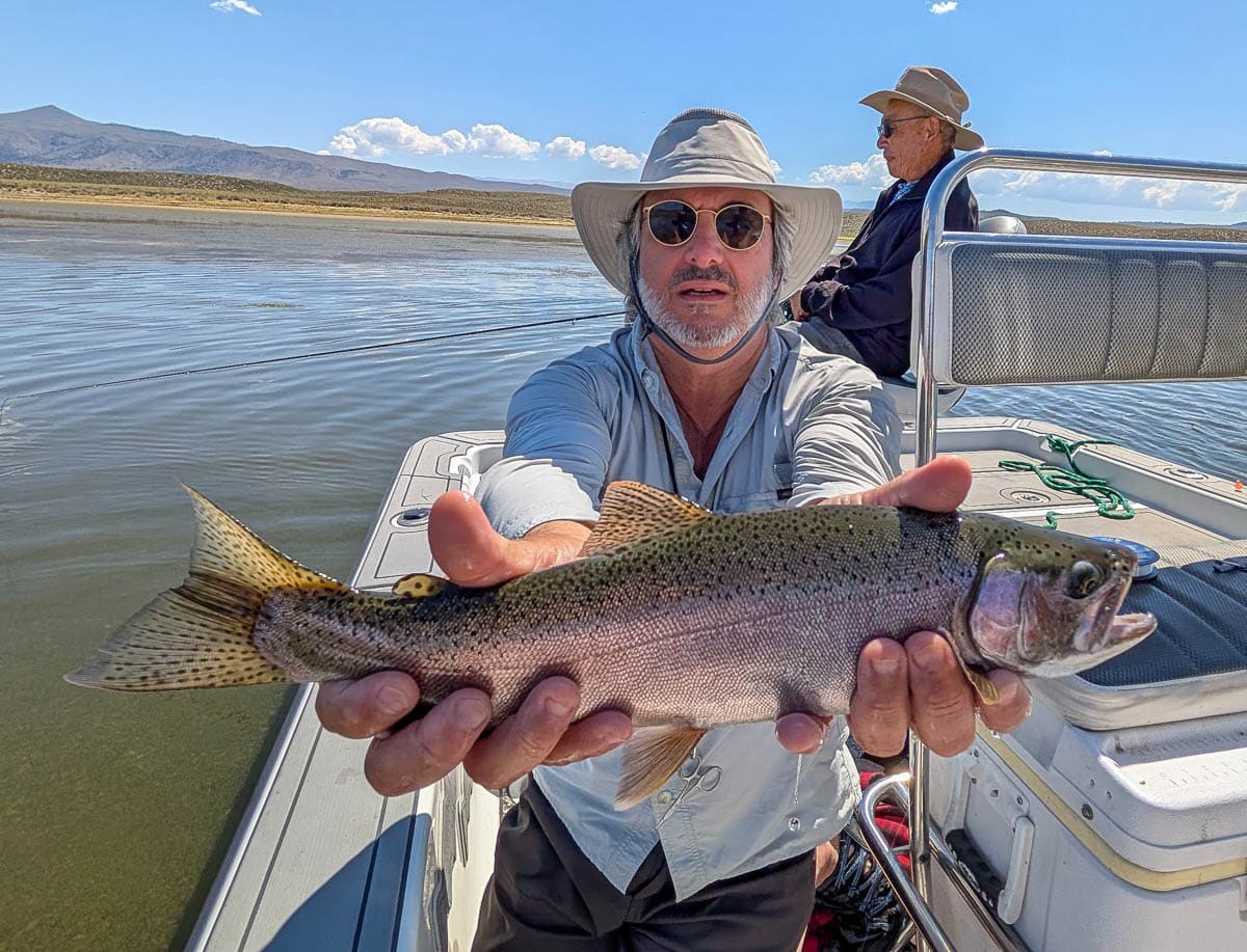 A fly fisherman holding a large rainbow trout on Crowley Lake.