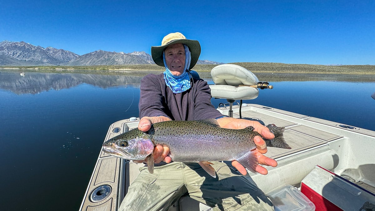 A fly fisherman holding a large brown trout on Crowley Lake near Mammoth Lakes, CA