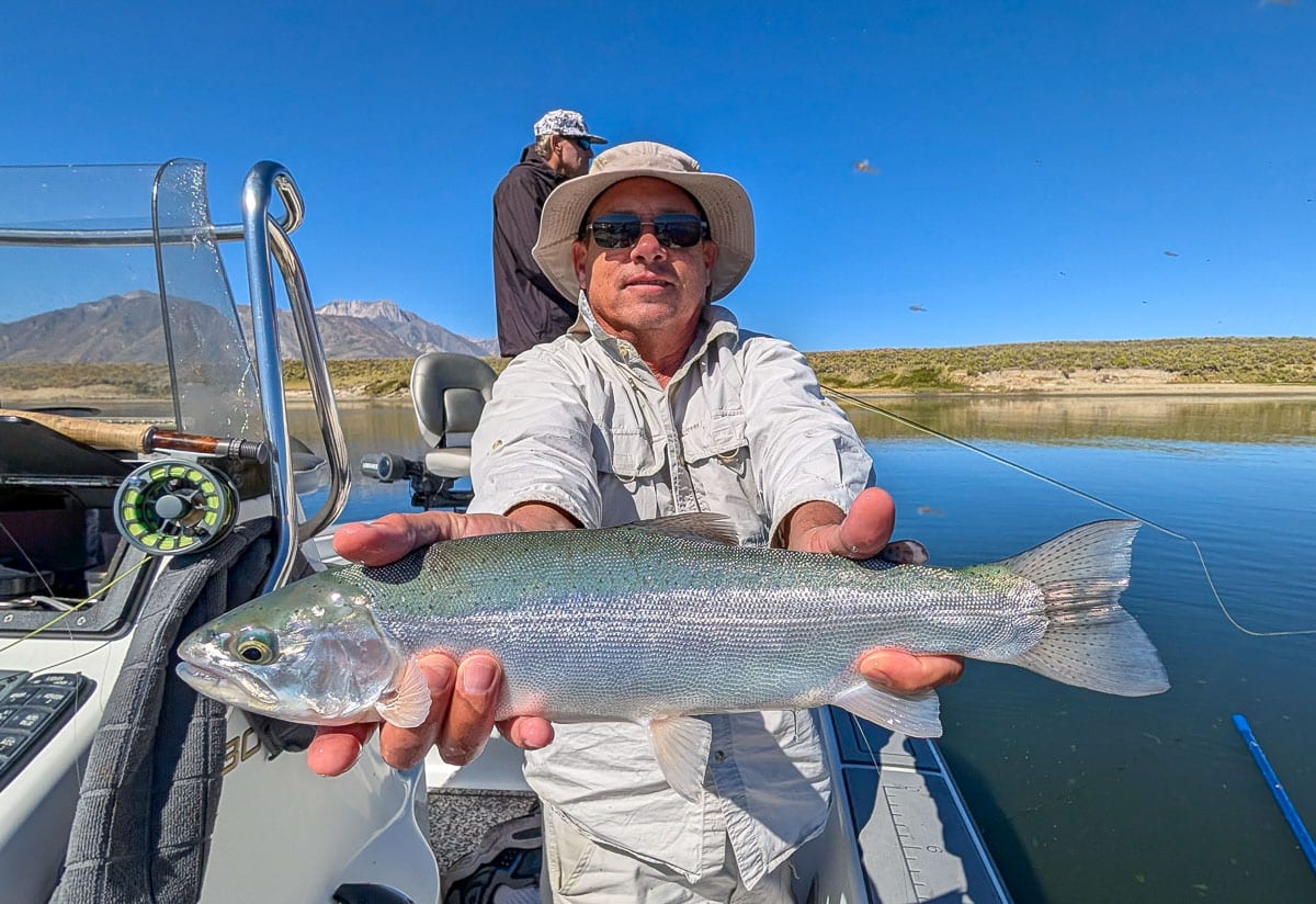 A fly fisherman holding a large brown trout on Crowley Lake near Mammoth Lakes, CA