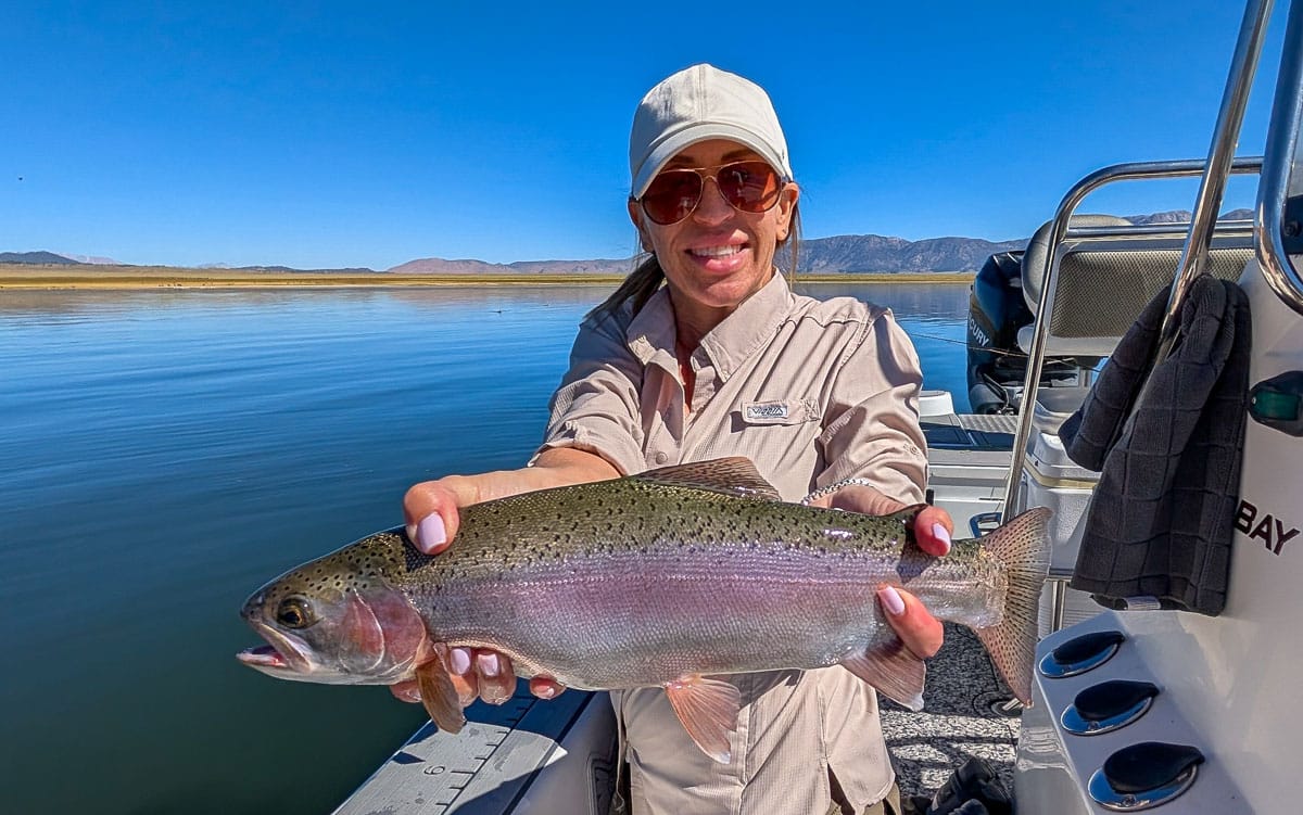 A fly fisherman holding a large rainbow trout on Crowley Lake near Mammoth Lakes, CA