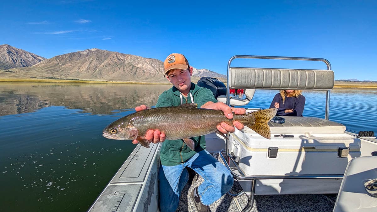 A fly fisherman holding a large brown trout on Crowley Lake near Mammoth Lakes, CA