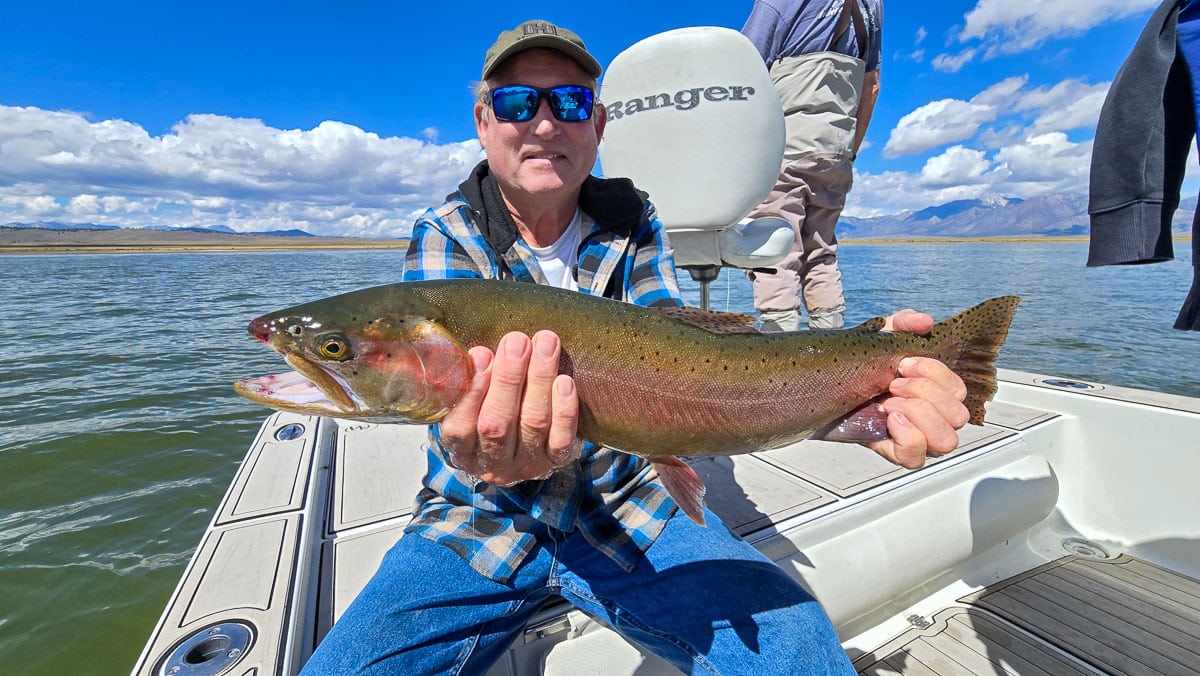 A fly fisherman holding a large brown trout on Crowley Lake near Mammoth Lakes, CA