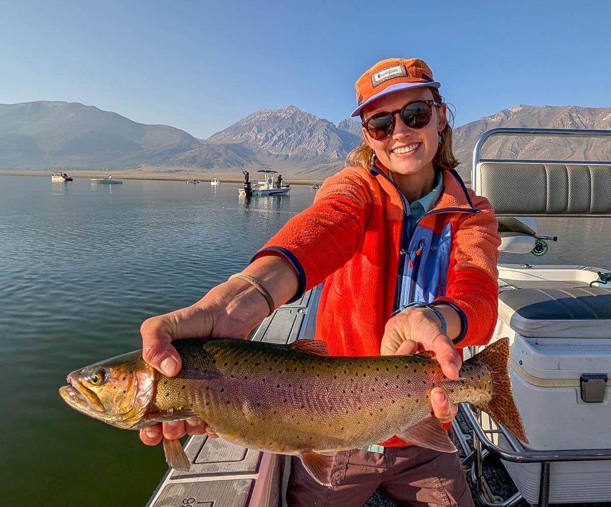 A fly fisherman holding a large rainbow trout on Crowley Lake near Mammoth Lakes, CA