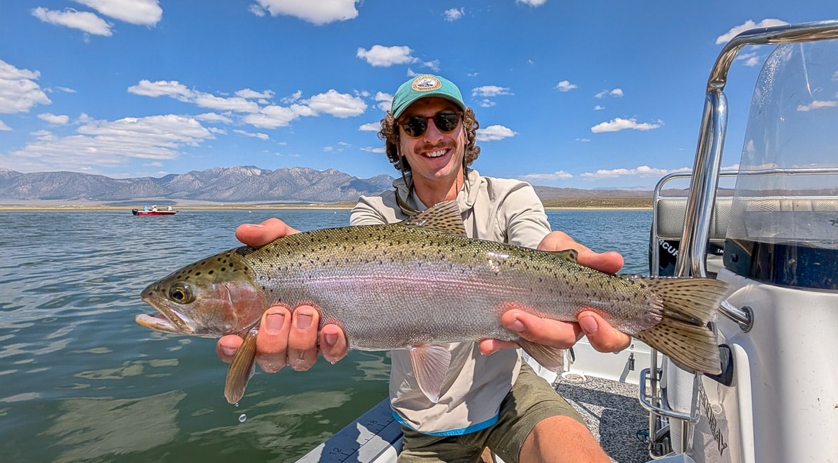 A fly fisherwoman holding a large rainbow trout on Crowley Lake near Mammoth Lakes, CA