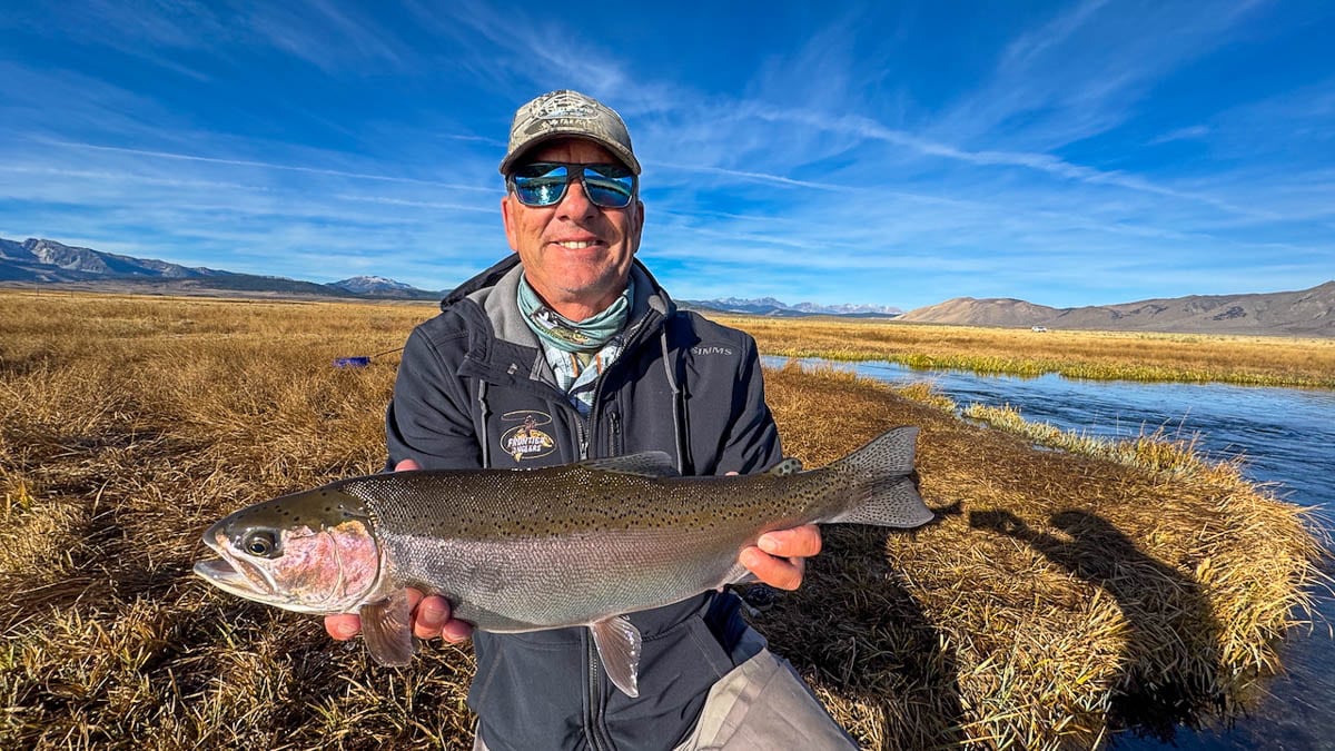 A fly fisheman holding a large rainbow trout on the Upper Owens River near Mammoth Lakes, CA