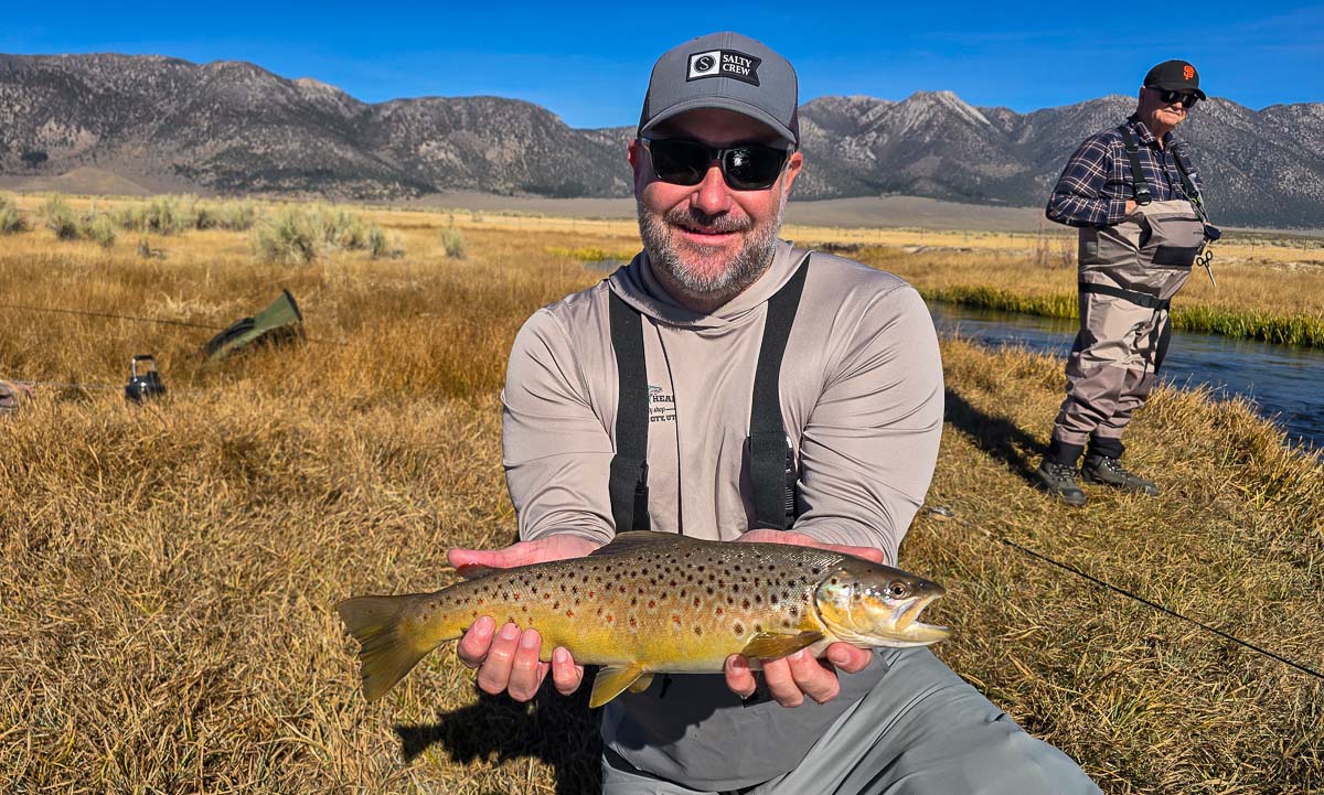 A fly fisheman holding a large brown trout on the Upper Owens River near Mammoth Lakes, CA