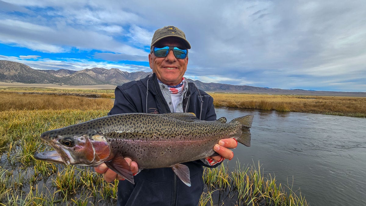 A fly fisheman holding a large rainbow trout on the Upper Owens River near Mammoth Lakes, CA