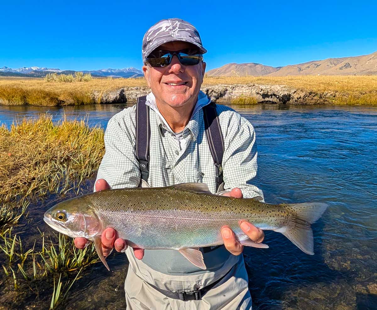 A fly fisheman holding a large rainbow trout on the Upper Owens River near Mammoth Lakes, CA