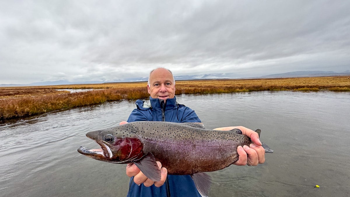 A fly fisheman holding a large rainbow trout on the Upper Owens River near Mammoth Lakes, CA