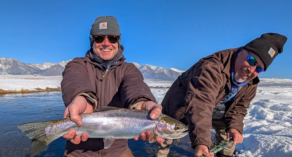 A fly fisheman holding a large brown trout on the Lower Owens River near Bishop, CA