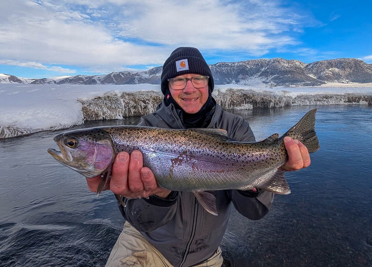A fly fisheman holding a large rainbow trout on the Upper Owens River near Mammoth Lakes, CA