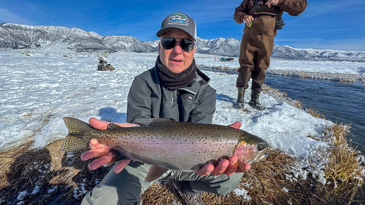 A fly fisheman holding a large rainbow trout on the Upper Owens River near Mammoth Lakes, CA