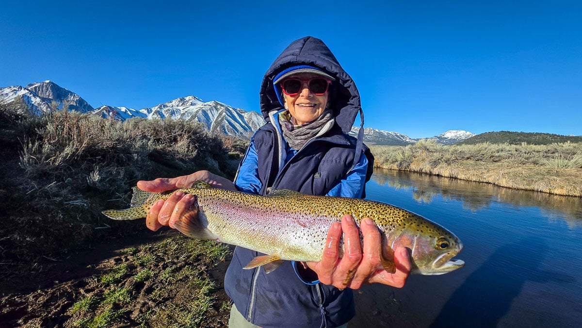 A fly fisherman holding a large rainbow trout on Hot Creek near Mammoth Lakes, CA