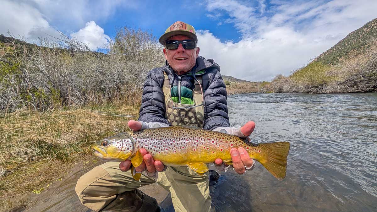 A fly fisherman holding a large rainbow trout on the Upper Owens River near Mammoth Lakes, CA