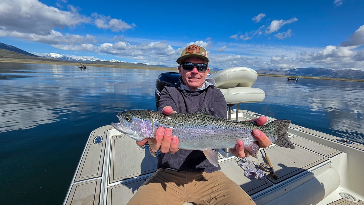 A fly fisherman holding a large rainbow trout on the Upper Owens River near Mammoth Lakes, CA