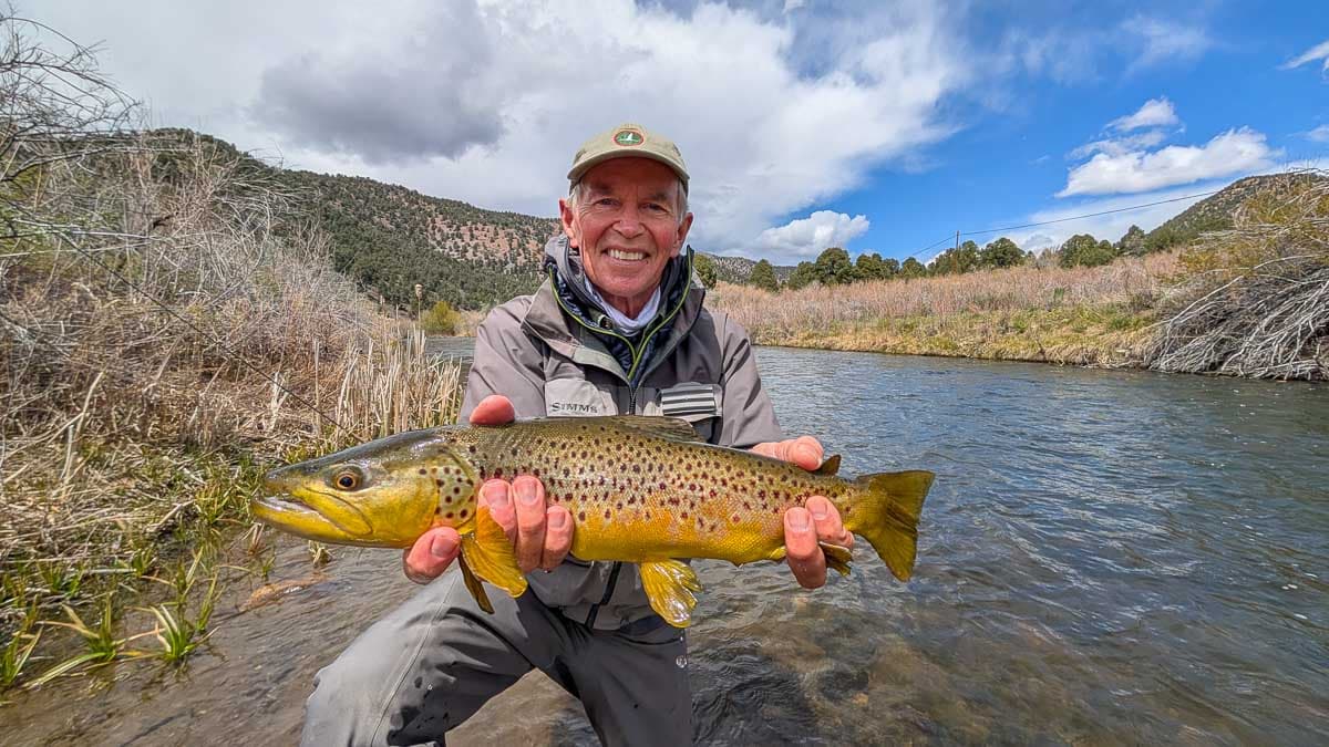 A fly fisherman holding a large rainbow trout on the Upper Owens River near Mammoth Lakes, CA