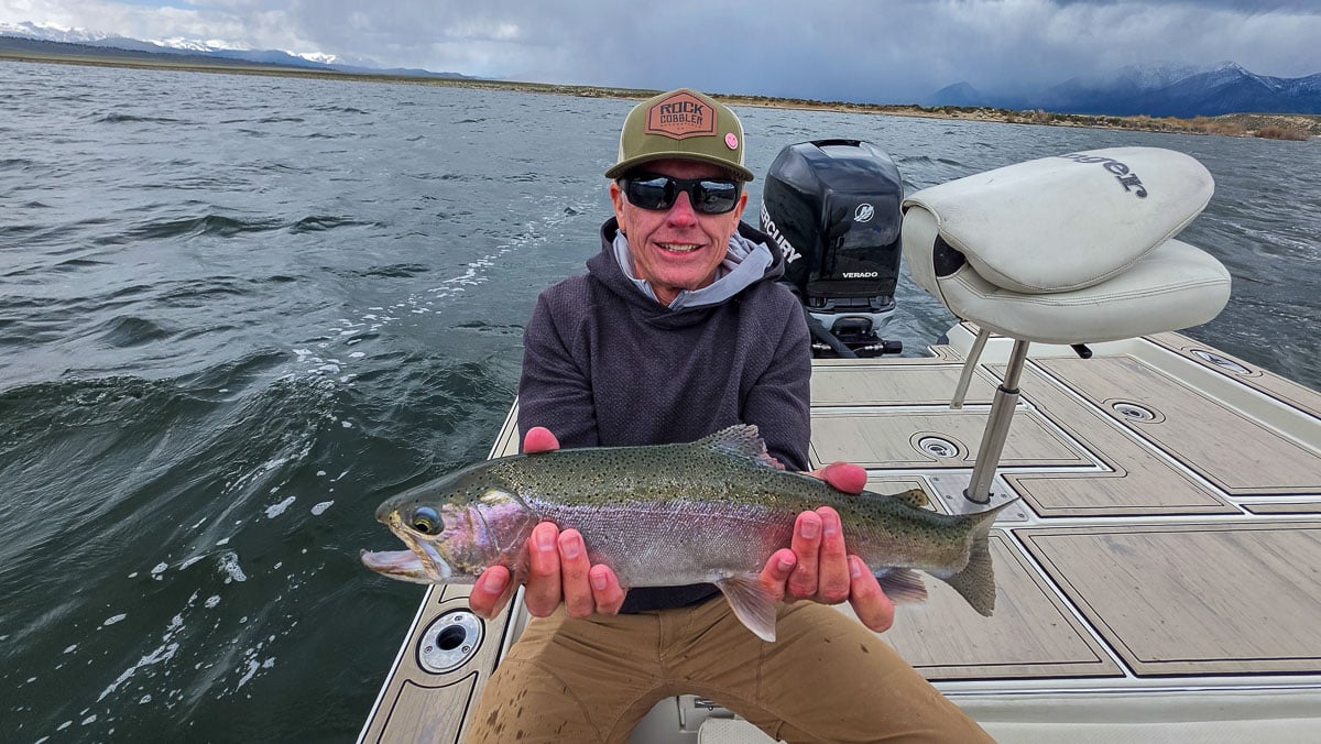 A fly fisherman holding a large rainbow trout on the Upper Owens River near Mammoth Lakes, CA