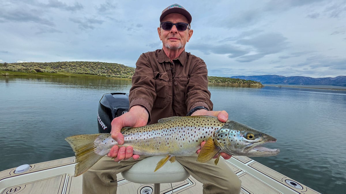 A fly fisherman holding a large rainbow trout on the Upper Owens River near Mammoth Lakes, CA
