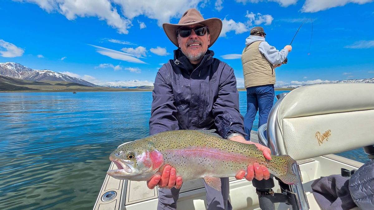 A fly fisherman holding a large rainbow trout on the Upper Owens River near Mammoth Lakes, CA