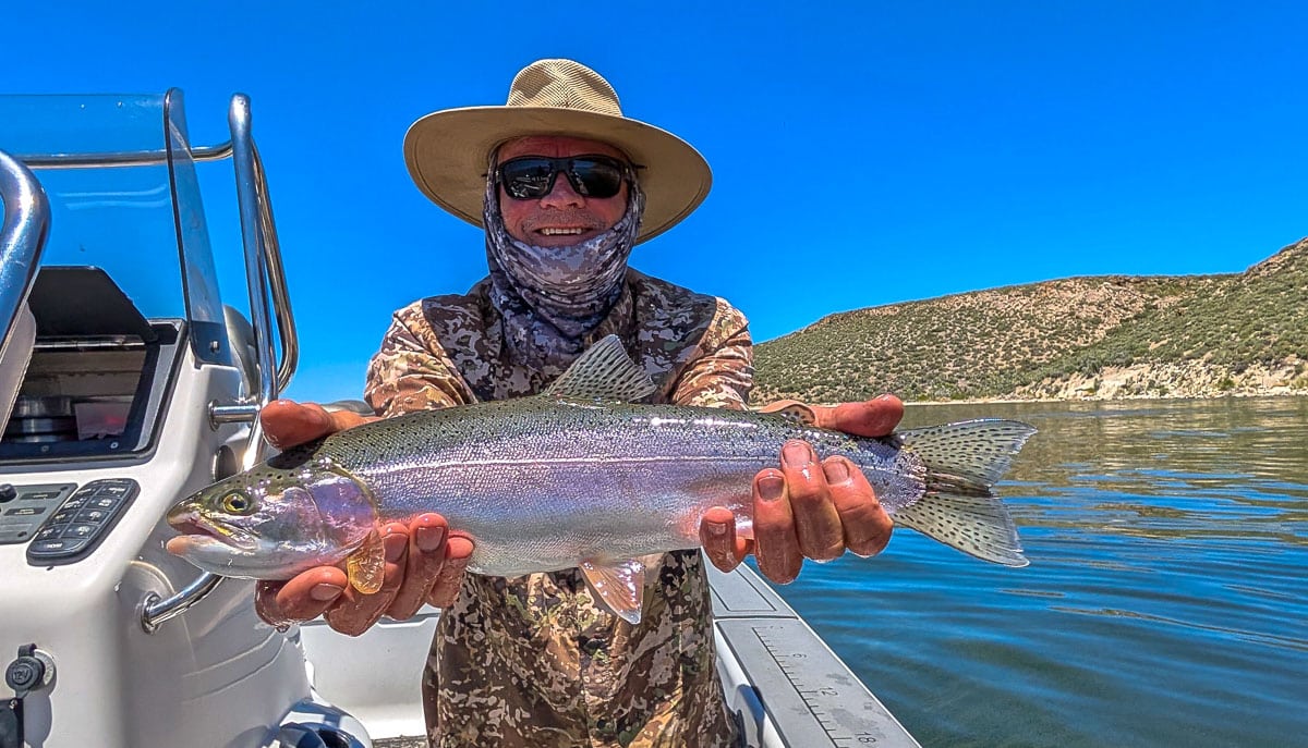 A fly fisherman holding a large brown trout on the Lower Owens River near Bishop, CA