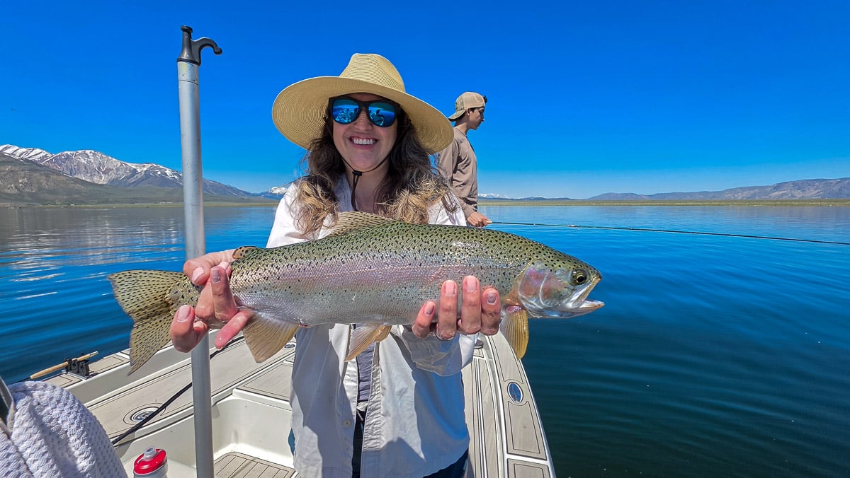 A fly fisherman holding a large rainbow trout on the Hot Creek River near Mammoth Lakes, CA
