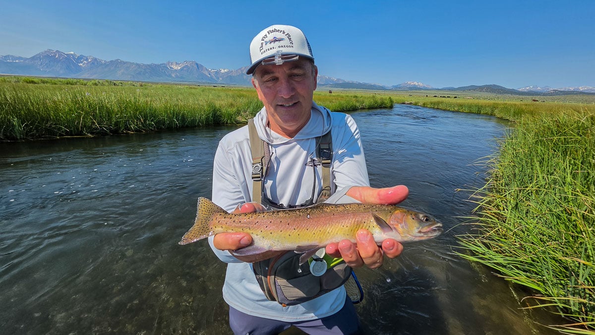 A fly fisherman holding a large rainbow trout on the Upper Owens River near Mammoth Lakes, CA