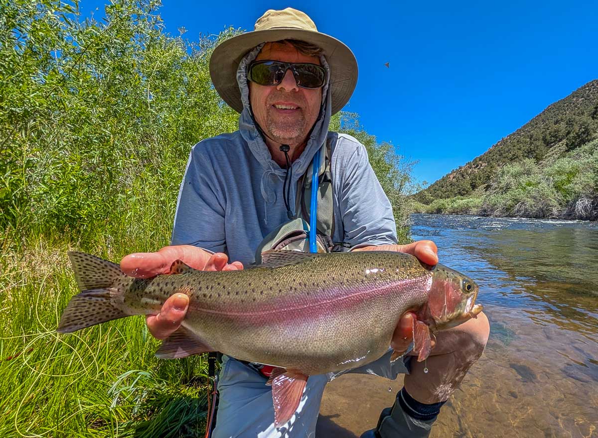 A fly fisherman holding a large rainbow trout on the Hot Creek River near Mammoth Lakes, CA
