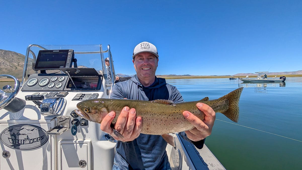 A fly fisherman holding a large rainbow trout on the Upper Owens River near Mammoth Lakes, CA