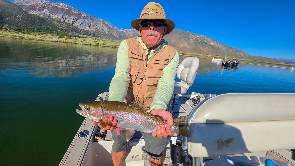 A fly fisherman holding a large rainbow trout on the Upper Owens River near Mammoth Lakes, CA
