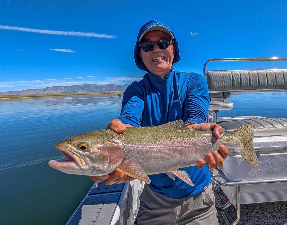 A fly fisherman holding a large rainbow trout on the Upper Owens River near Mammoth Lakes, CA