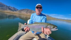A fly fisherman holding a large rainbow trout in a boat on Crowley Lake near Mammoth Lakes, CA