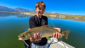 A fly fisherman holding a large brown trout in a boat on Crowley Lake near Mammoth Lakes, CA