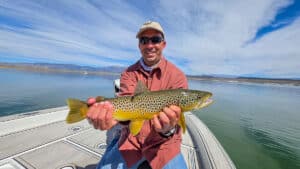 A fly fisherman holding a large brown trout in a boat on Crowley Lake near Mammoth Lakes, CA