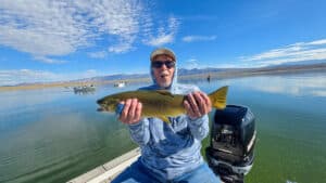 A fly fisherman holding a large brown trout in a boat on Crowley Lake near Mammoth Lakes, CA