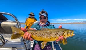 A fly fisherman holding a large brown trout in a boat on Crowley Lake near Mammoth Lakes, CA