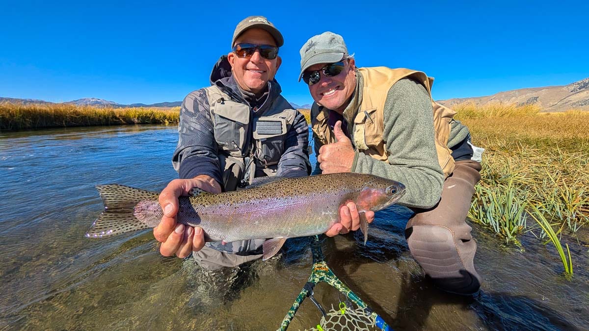 A fly fisherman holding a large rainbow trout in the Upper Owens River near Mammoth Lakes, CA